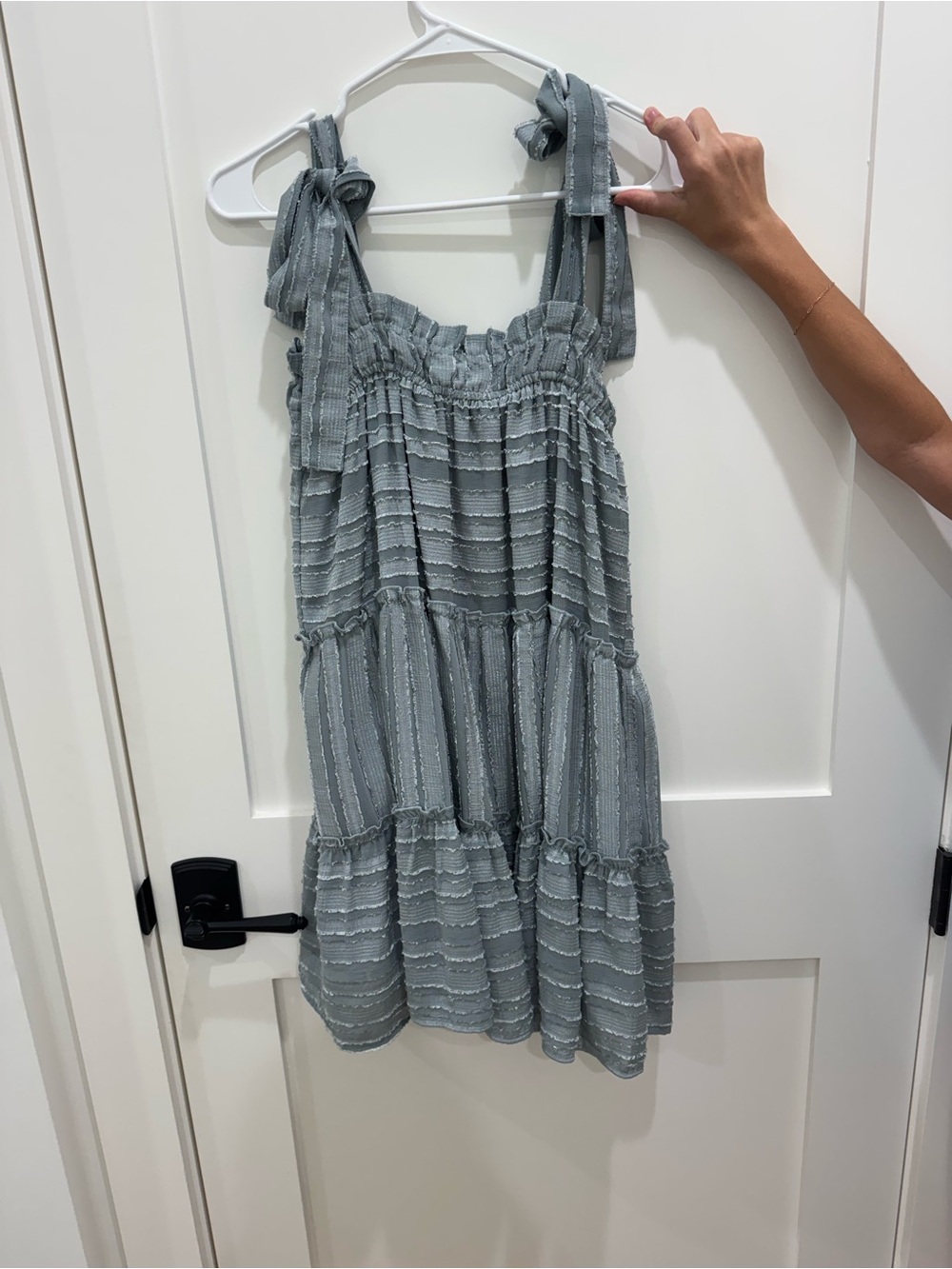 Entro Light Blue Smocked Tie-Shoulder Mini Dress